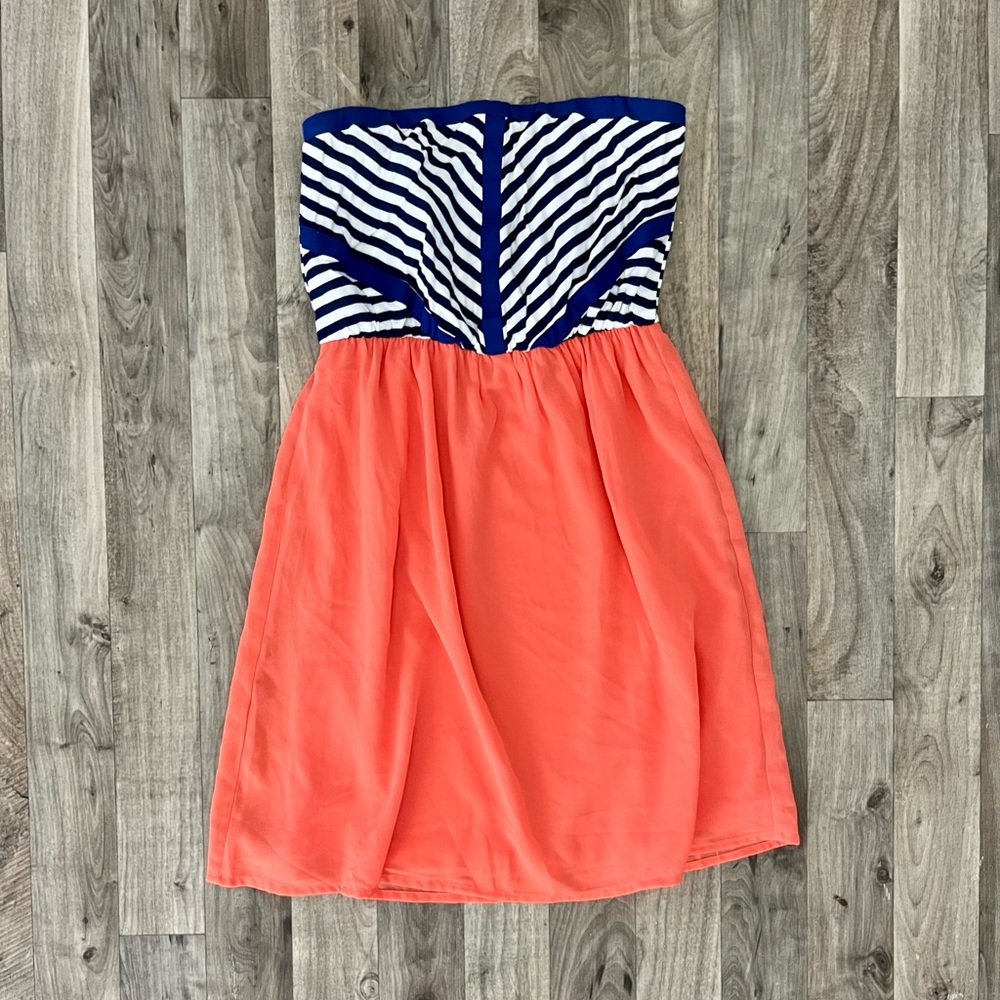 Strapless Dress Striped Navy/White and Coral Small Pink Owl Brand